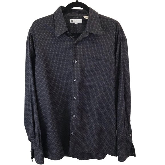 Bachrach Men’s Black Multi Button Geometrical Print Long Sleeve Dress Shirt Sz L - Picture 1 of 5